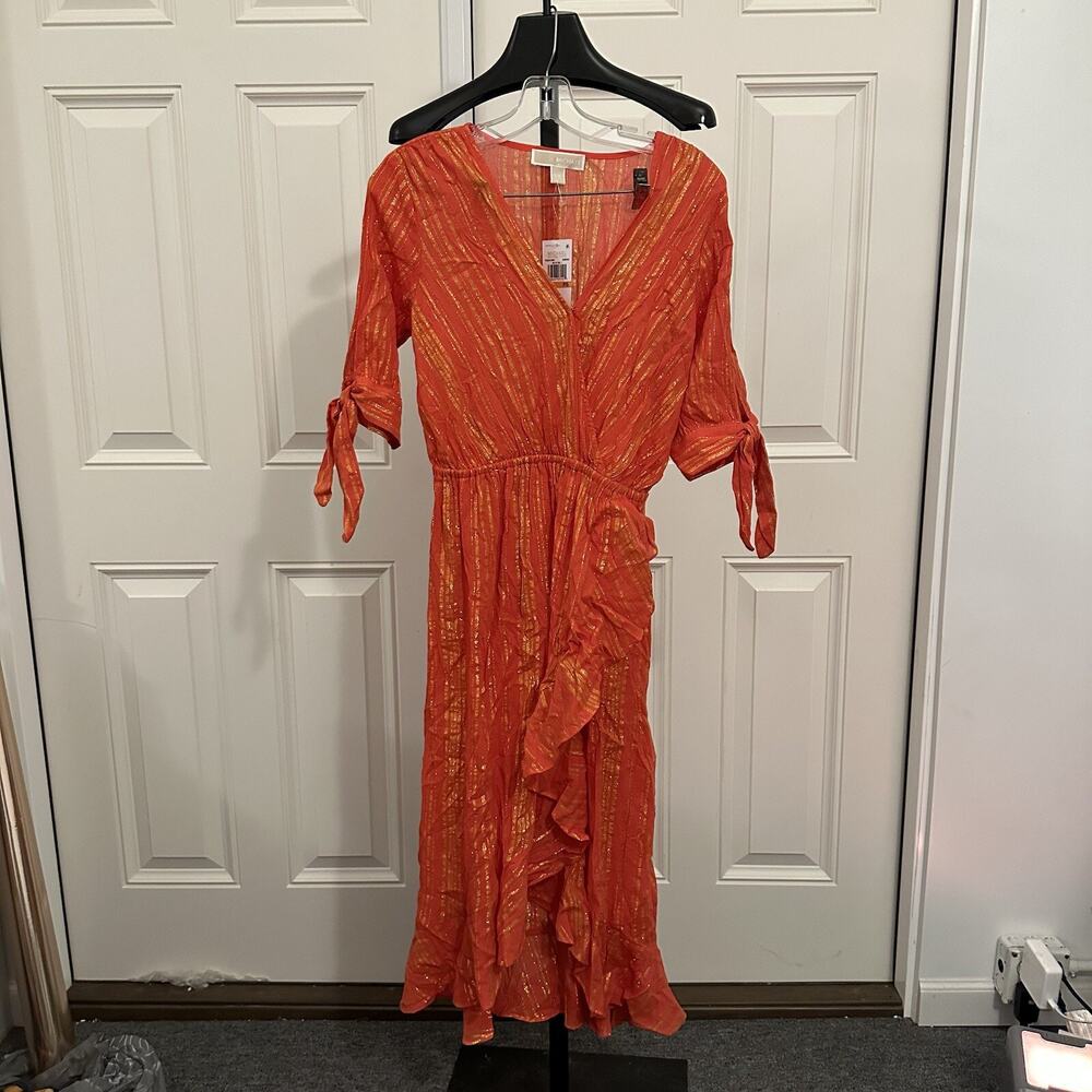 Michael Kors Women's Orange Metallic Stripe V-Neck Faux Wrap Dress Size S